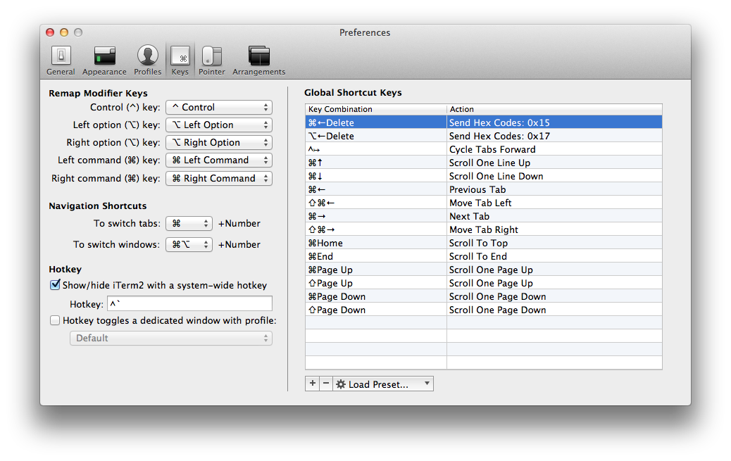 iterm keyboard shortcuts